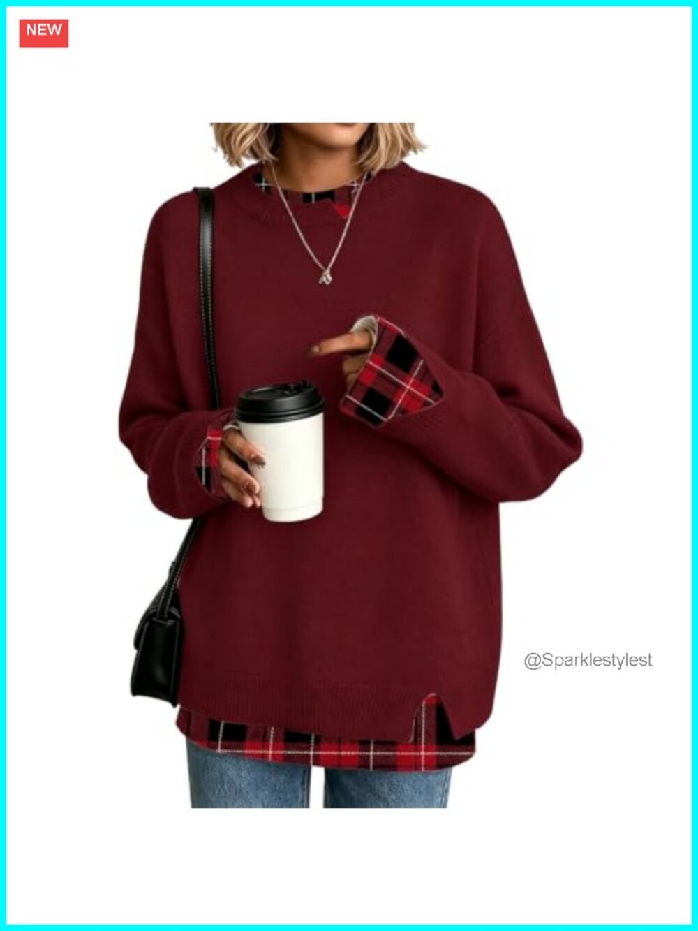 Women's Oversized Knit Sweater Mock-Layer Crew Neck Long Sleeve Pullover